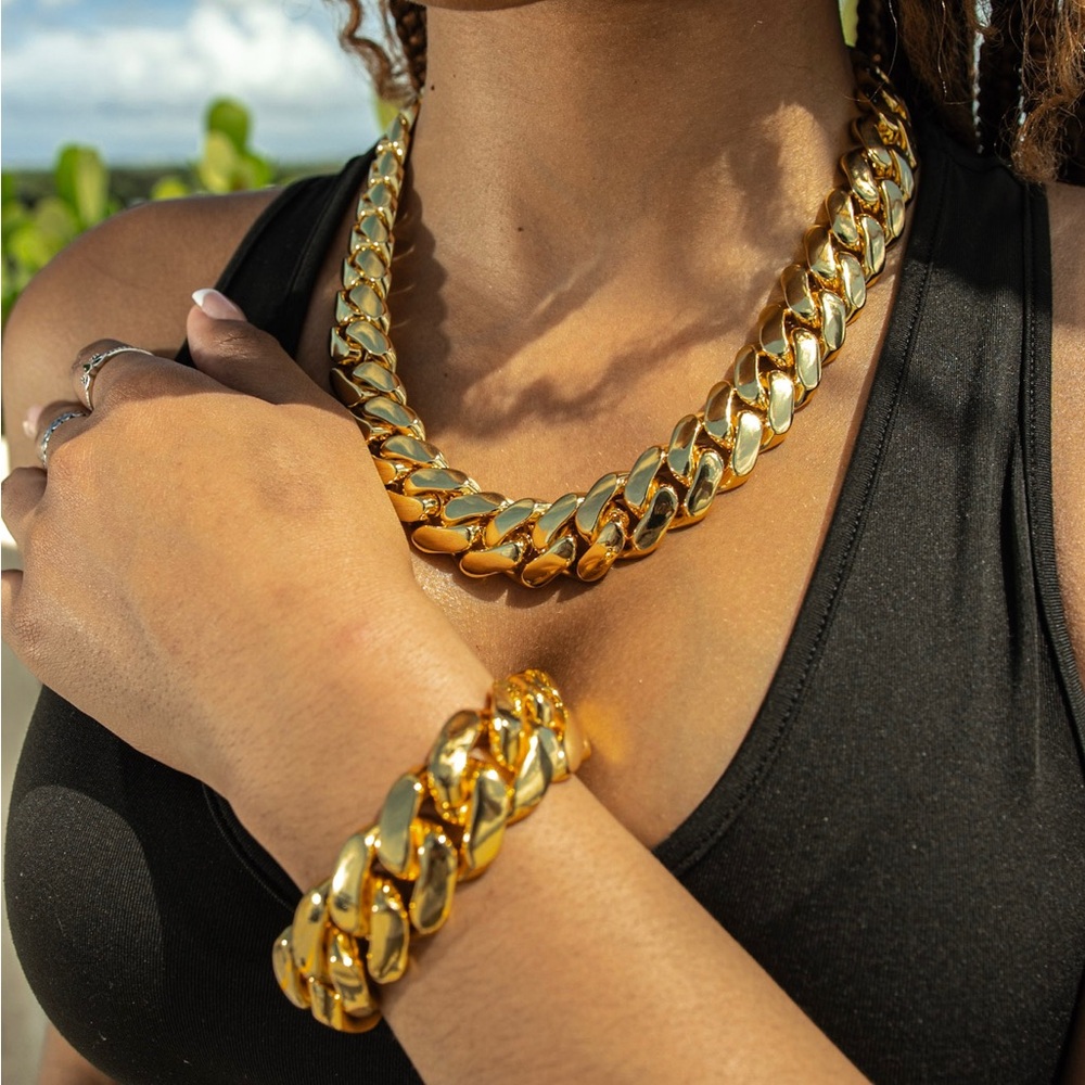 Set Chain & Bracelet 20mm Miami Cuban Link Yellow Gold Plated Chain Necklace